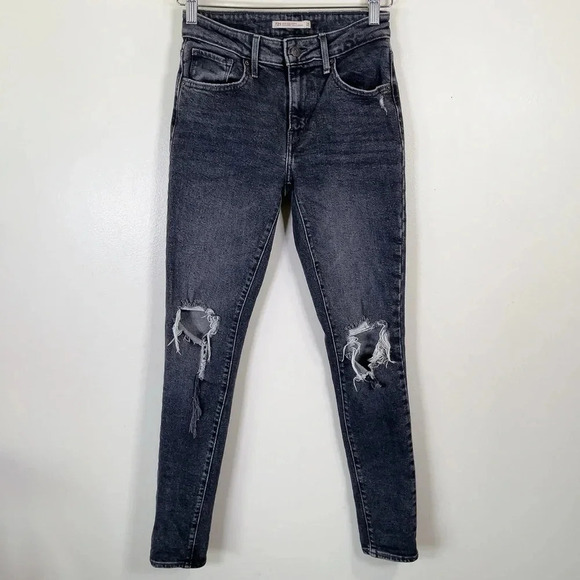 Levi's 721 High Rise Skinny  Grey Wash Distressed Knee Jeans - Picture 2 of 15